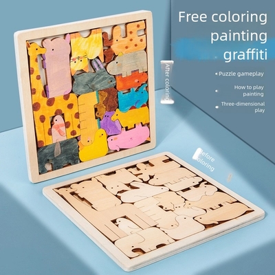 Wooden 3d Puzzle Jigsaw Kids Creative Diy Animal Puzzle Blocks Graffiti Painting Early Educational Toy