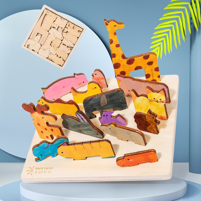 Wooden 3d Puzzle Jigsaw Kids Creative Diy Animal Puzzle Blocks Graffiti Painting Early Educational Toy