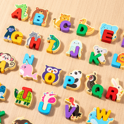 Children Wooden Animal Letter Puzzle 26pcs Alphabets Cognitive Animal Matching Blocks Puzzle Toy Kids Educational Wooden Toy