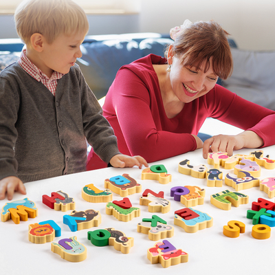 Children Wooden Animal Letter Puzzle 26pcs Alphabets Cognitive Animal Matching Blocks Puzzle Toy Kids Educational Wooden Toy