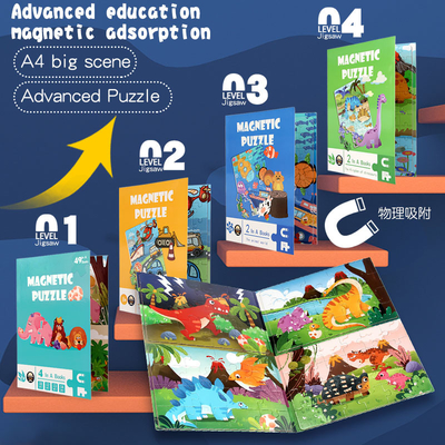 Montessori Toys Dinosaur Cartoon Animal Jigsaw Puzzle A4 Size Princess Magnetic Story Book Wooden Puzzles