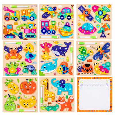 Montessori 4-in-1 Children's Wooden 3d Puzzle Early Education Cartoon Jigsaw With Drawing Board Certified En71 Games for Boys