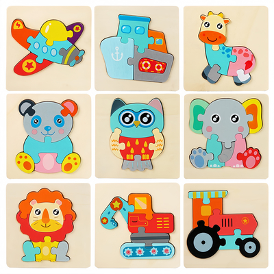 Cartoon Laser Cut 3d Wood Anime Puzzle Children Educational 3d Traffic Shape Matching Animal Puzzle Toy