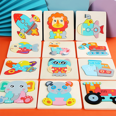 Cartoon Laser Cut 3d Wood Anime Puzzle Children Educational 3d Traffic Shape Matching Animal Puzzle Toy