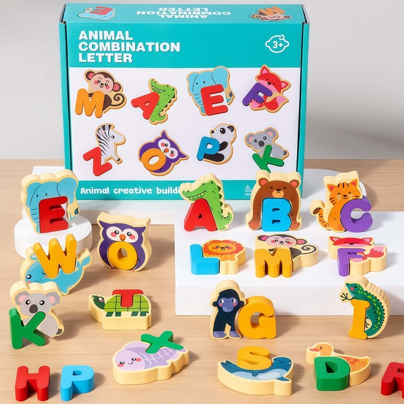 Children Wooden Animal Letter Puzzle 26pcs Alphabets Cognitive Animal Matching Blocks Puzzle Toy Kids Educational Wooden Toy