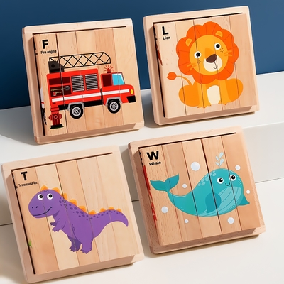 New Wooden Montessori 4 in 1 Animal Block Puzzle Toy Preschool Educational Toys Fine Motor Developmental for Baby Boys Girls